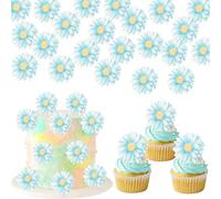 Xsstarmi 60 Pack Edible Blue Daisy Cupcake Toppers Rice Paper Chrysanthemum Chamomile Cupcake Picks for Spring Summer Baby Shower Wedding Birthday Party Cake Decorations Supplies