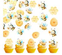 Xsstarmi 60 Pack Edible Bumble Bee Cupcake Toppers Waper Paper Honey Bee Honeycomb Oh Babee Cupcake Picks Decorations for Bee Theme Baby Shower Kids Birthday Party Cake Decorations