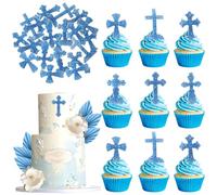 Xsstarmi 60 Pack Edible Cross Cupcake Toppers Rice Paper God Bless Christian Baptism Cupcake Picks for Religious Theme Baby Shower Birthday Party Cake Decorations Supplies Blue