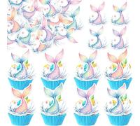 Xsstarmi 60 Pack Edible Mermaid Cupcake Toppers Rice Paper Mermaid Tail Stars Waves Cupcake Picks for Under the Sea Theme Baby Shower Wedding Birthday Party Cake Decorations Supplies