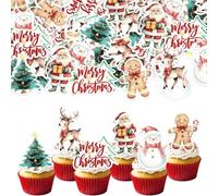 Xsstarmi 60 Pack Merry christmas Edible Cupcake Toppers Rice Paper Santa Claus Xmas Tree Elk Cupcake Picks Snowman Gingerbread Man Christmas Cake Decorations for New Year Christmas Party Supplies