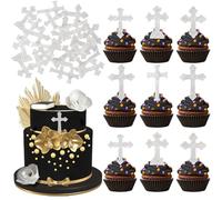 Xsstarmi 60 Pack Silver Cross Edible Cupcake Toppers Rice Paper Christian Baptism God Bless Theme Cupcake Picks Decoration for Religious Theme Baby Shower Birthday Party Cake Decorations