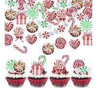 Xsstarmi 60 Pack Sweet Candy Edible Cupcake Toppers Rice Paper Candy Cane Candyland Cupcake Picks for New Year Christmas Kids Birthday Party Cake Decorations Supplies