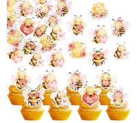 Xsstarmi 63 Pack Honey Bee Edible Cupcake Toppers Rice Paper Little Bee Mine Love You Baby Cupcake Picks for Wedding Birthday Valentine's Day Party Cake Decorations Supplies