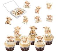 Xsstarmi 70 Pack Highland Cow Theme Edible Cupcake Toppers Rice Paper Calf Highland Cow Farm Animals Cupcake Picks for Cow Thmem Baby Shower Wedding Birthday Party Cake Decorations Supplies