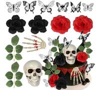 Xsstarmi Happy Halloween Cake Topper Decoration Set with Black Butterfly Rose Horrible Skeleton Cake Pick for Horrible Wedding Birthday Halloween Party DIY Cake Decorations Supplies