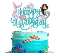 Xsstarmi Mermaid Happy Birthday Cake Topper - Under the Sea Treasure Shells Cake Pick With Tail Decorations for Theme Birthday Baby Shower Party Supplies - Blue (1 Pack)