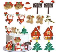 Xsstarmi Merry Christmas Cake Topper Decorations with Gingerbread Man Santa Claus Bells Cake Pick Golden Deer Xmas Tree Cake Decorations for New Year Christmas Party DIY Cake Decoration Supplies