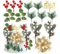 Xsstarmi Merry Christmas Cake Topper Decorations with Pine Needles Berries Xmas Flowers Cake Pick for New Year Birthday Christmas Party DIY Cake Decorations Supplies