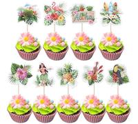 Xsstarmi Tropical Hawaii Cupcake Toppers Tropical Plants Flamingo Guitar Hula Aloha Cupcake Picks for Summer Hawaii Beach Theme Baby Shower Wedding Birthday Party Cake Decorations