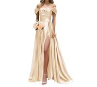XSSX Champagne Satin Bridesmaid Dresses for Women with Slit A Line Off Shoulder Prom Dresses Long Ball Gown UK6