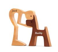 XSTZR Personalized Handmade Wooden Pet Lover Gift - Man and Dog Carving Figurine, Natural Wood Pet Sculpture for Home Office Decor, Dog Mom Gift, Pets Memorial Statue (Style 1)