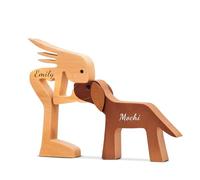 XSTZR Personalized Handmade Wooden Statue- Moman and Dog Carving Figurine, Natural Wood Pet Sculpture, Dog Mom Gift, Pet Memorial Statue, Christmas Wooden Decor for Home & Office (Style 3)