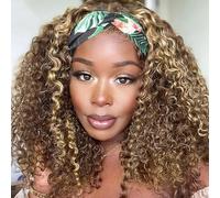 XSY 20 Inch Ombre Color Highlighted Curly Human Hair Headband for Women Human Hair Glueless Lace Curly Wavy Brazilian Wigs