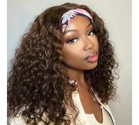 XSY Brown Headband Wig Chocolate Brown Human Hair for Black Women Deep Wave Medium Wave Glueless Lace Front Wig Human Hair Wig for Women N