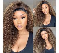 XSY Headband Wig Curly Human Hair Wigs for Black Women Highlight Ombre Headband Wig Human Hair No Lace Front Wig Machine Made 22 Inch