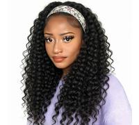 XSY Headband Wig Human Hair Deep Wave 16 Inch Wig Glueless Headband Wig Deep Wave None Lace Front Wigs Human Hair for Black Women 150% Density Wig Curly Hair Natural Color