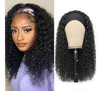XSY Headband Wig Human Hair Deep Wave 16 Inch Wig Glueless Headband Wig Deep Wave None Lace Front Wigs Human Hair for Black Women 150% Density Wig Curly Hair Natural Color