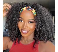 XSY Headband Wig Human Hair Kinky Curly 16 Inch Headband Wig Human Hair None Lace Front Brazilian Virgin Human Hair Wigs for Black Women Natural Colour 150% Density