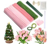 Xsybegdlk 400 PCS Pipe Cleaners Craft Set, Pipe Cleaners DIY Craft Set for Tulip Bouquets (4 Colours) with Green Floral Wires, Ribbon, Tape, 350 Stamen, Pearls, Floral Wrapping Paper (Pink)