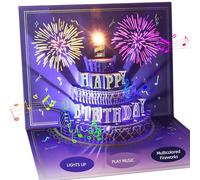 XTF2015 Happy Birthday Card, Lights & Music & Sound Fireworks Cake 3D Pop Up Birthday Card Gift with Envelope and Note Tag for Women, Men, Kids, Wife, Mom, Husband