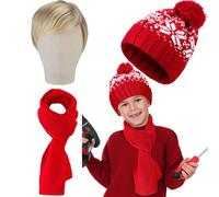 Xtinmee 3 Pcs Christmas Funny Movie Costume Fair Isle Beanie Hat Blonde Wig Soft Knitted Scarf Solid red Warm Scarves Muffler Winter Halloween costume for women men