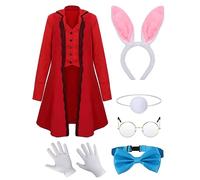 Xtinmee 6 Pcs Women White Rabbit Costume Halloween Bunny Outfit Victorian Tailcoat Bowtie Headband Tail Gloves Glasses(Large)
