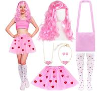 Xtinmee 8 Pcs Halloween Pink Rise Princess Costume Include Pink Dress Wig Love Socks Bags Necklaces Bracelets Earrings and Heart Embroidered Patches for Girls Women Halloween Movie Cosplay