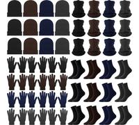 Xtinmee Bulk Winter Knit Beanie Hats Gloves Neck Warmers Socks Set for Unisex Men Women Donation Homeless Charity, Black, Brown, Navy Blue and Dark Gray, One Size