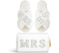 Xtinmee Personalized Initial Wedding Bride Slippers MRS Pearl Letter Makeup Bag Bridal Shower Gifts for Wedding Day, Letter E