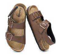 XTJSCBDSH Toddler Sandals for Boys Girls Cork Footbed Sandals with Back Strap Comfort Leather Adjustable Double Buckle Slip On Open Toe Summer Shoes Elegant Shoes, brown, 12.5-13.5 Little Kid