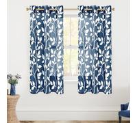 XTMYI Blue and White Curtains for Bathroom Kitchen Window 63 Inch Length,Two Tone Leaf Printed Curtains for Teen Boys Bedroom Living Room
