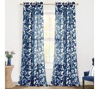 XTMYI Blue Curtains 108 Inches Long for Living Room Set of 2 Grommet Top Semi Sheer Leaf Printed Design Patterned Extra Long Curtains for Bedroom Wide 52x108 Inch Length Dark Navy and White