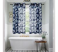 XTMYI Blue Kitchen Curtans,Leaf Pattern Short Length Bathroom Window Curtain,48 Inch Long,Dark Navy and White