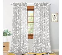 XTMYI - Light Grey and White Curtains 84 Inches Set of 2 Panels Sheer Voile Grommet Leaf Floral Curtains for Bedroom Living Room