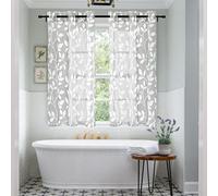 XTMYI Light Grey Small Window Curtain Panels for Bathroom,Grommet Leaf Striped Pattern Design Sheer Half Short Curtains for Bedroom Kitchen Set,Gray and White,48 Inch Length