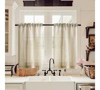 XTMYI Linen Kitchen Curtains 36 Inch Length Rustic Farmhouse Airy Beach Beige Short Cafe Sheer Curtains Rod Pocket Tiers for Small Window Bathroom Basement RV, Sand Tan, 2 Panels