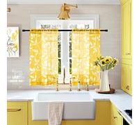 XTMYI Mustard Yellow Curtains for Bedroom Window Rod Pocket Small Cafe Curtains for Kitchen Bathroom Match Grey/Gray Cabinet Wall,Pale Yellow and White,30 Inch Length