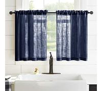 XTMYI Navy Blue Cafe Curtains for Kitchen Bathroom, 30 Inch Coastal Nautical Linen Textured Sheer Half Curtains for Small Windows
