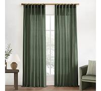 XTMYI Olive Green Linen Boho Curtains for Living Room 84 Inch Length 2 Panels Set,Back Tab Hooks Long Window Treatments Curtain Drapes,Light Filtering Semi Sheer for Bedroom Aesthetic Neutral Decor