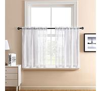 XTMYI White Kitchen Curtains 24 Inch Length Set of 2 Panels Cafe Curtain Tiers Linen Textured Semi Sheer Boho Farmhouse Short Curtains for Small Bathroom Basement Window RV Camper
