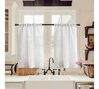 XTMYI White Small Window Curtains for Bathroom,Linen Textured Rod Pocket Sheer Short Curtain for Kitchen Kids Bedroom,30 Inch Length