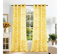 XTMYI Yellow Sheer Curtains 96 Inches Long for Living Room,Match Blue or Gray Grey Decor,Leaf Pattern 96 Inch Curtains 2 Panels Set with Grommets,Light Pale Yellow