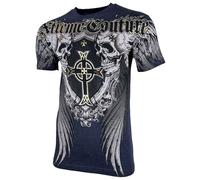 Xtreme Couture by Affliction Men's T-Shirt Silent Scream, Navy Blue, Gothic Wing Skull Design Short Sleeve, Blue Heather (Pulverize), Large