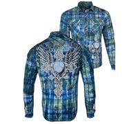 Xtreme Couture Men's Long Sleeve Button Down Shirt Iron Cadence, Gothic Cross Wing Design, Blue Green Plaid, Regular Fit, Blue/Multicolor, Medium