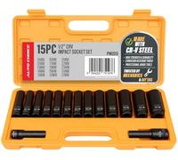 Xtremeauto 15pc 1/2" Impact Socket Set - CRV Steel Metric Sockets 10-27mm - 6-Point Design for Impact Wrenches - Black Phosphate Finish - Laser-Etched - Heavy-Duty Storage Case - Garage & Workshop