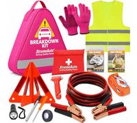 Xtremeauto Car Breakdown Emergency Kit - Roadside Car Safety Kit with Warning Triangle, Hi-Vis Vest, Tow Rope, Jumper Leads, First Aid Kit & Storage Case - Essential Car Kit for UK & Europe (Pink)