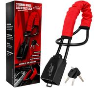 Xtremeauto Steering Wheel & Seat Belt Lock - Dual Anti-Theft Vehicle Security Lock with Cut Resistant Steel Cable, High Visibility Cover & 3 Keys - Universal Fit for Cars, SUVs & Vans (Red)