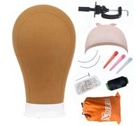 XTREND 22" Brown Canvas Wig Head Poly Manikin Head for Making/Drying/Styling Wigs Model Training Head Professional Mannequin Head with 20 Pcs T Pins Clamp Stand Wig