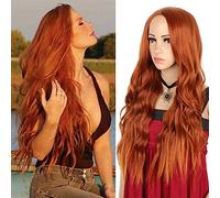 Xtrend 24 Inch Copper Red Natural Wavy Wig Long Ginger Curly Wavy Wig for Black White Women Middle Part Natural Looking Heat Resistant Replacement Wigs for Daily Use